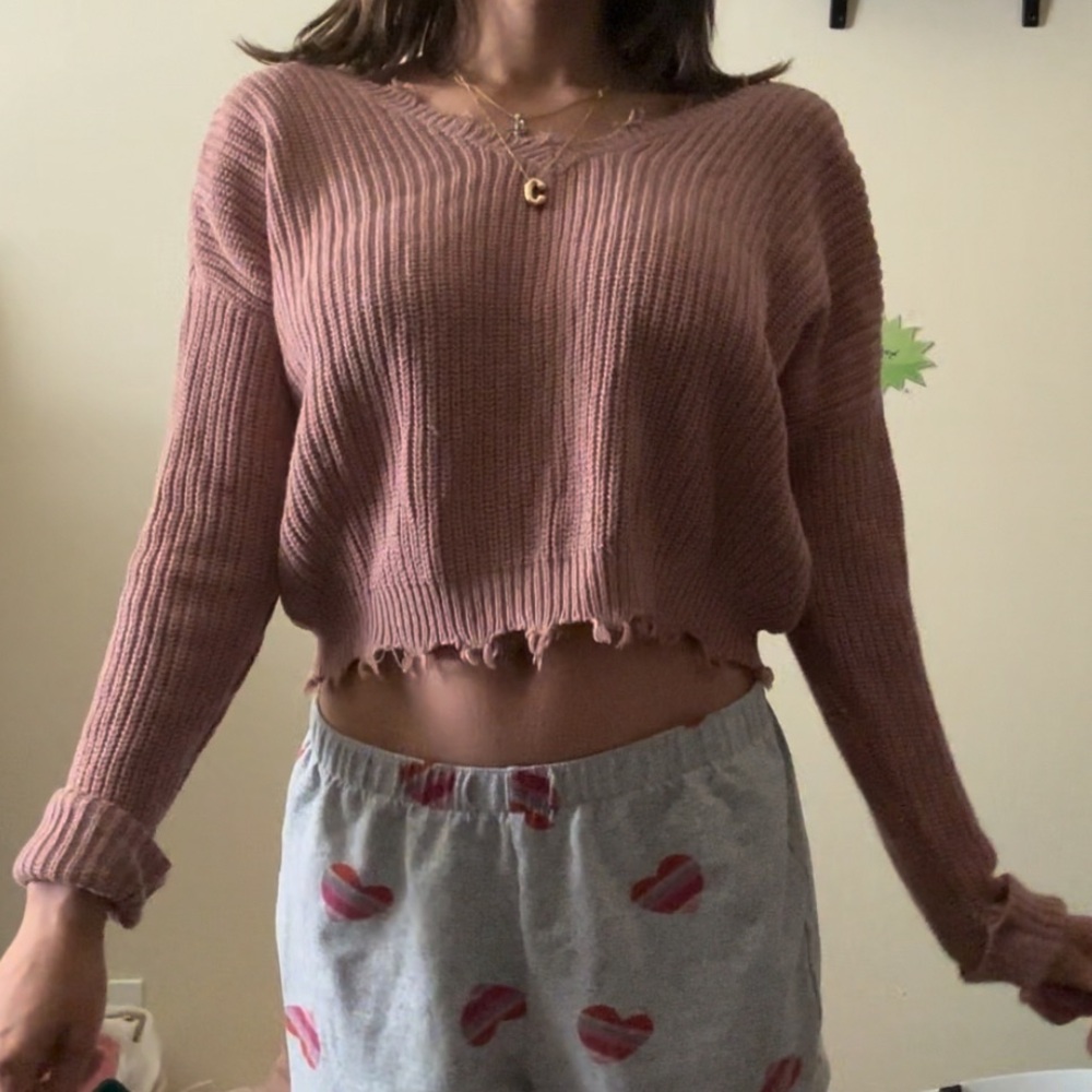 Mauve distressed crop sweater